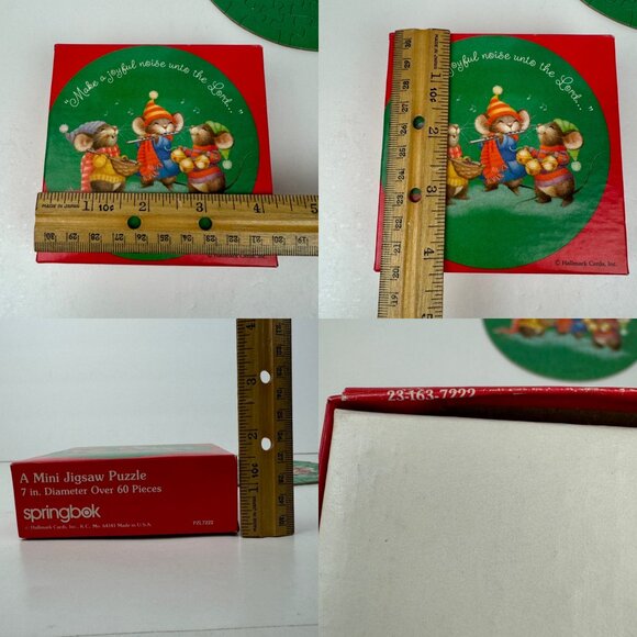 Vtg Christmas Holiday Mice Green Springbok Hallmark 7in Round Cardboard Puzzle - Picture 3 of 14